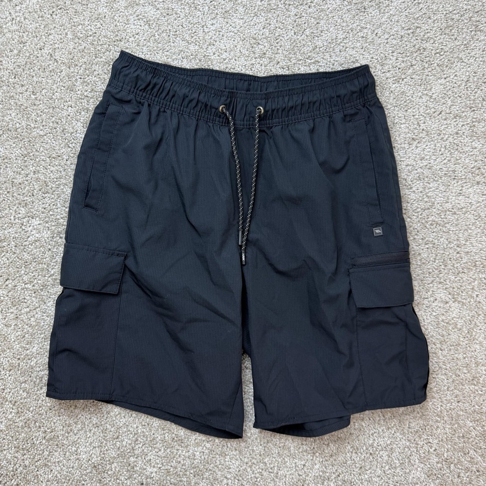 Y2K Hawk Cargo Shorts Mens 36 Black Microfiber Stretch Elastic Waist 11 Inseam